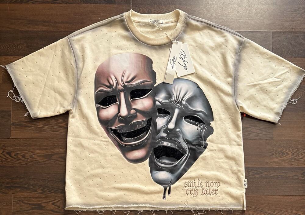 Rare BkNYS Men's Laugh Now Cry Later Crew Neck Cotton Cropped ShirtXL Off Whte